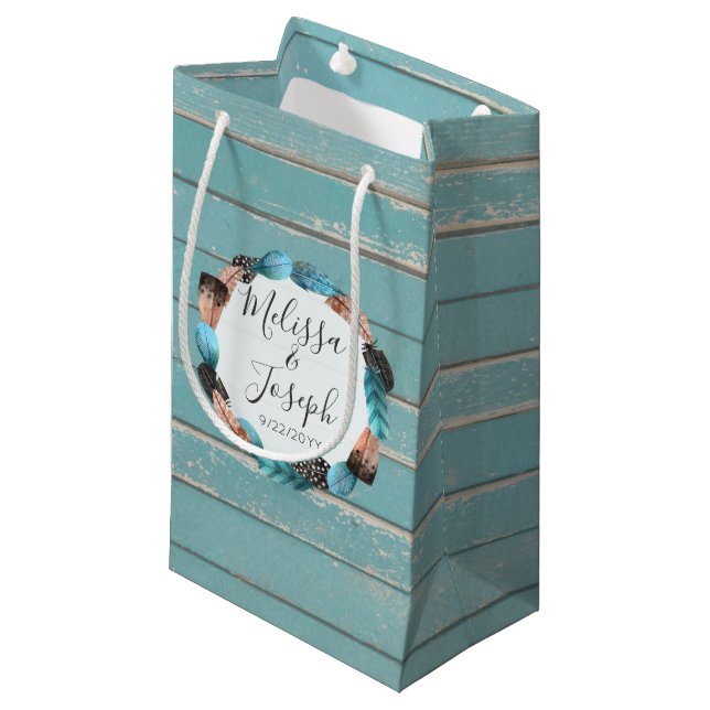 Petit Sac Cadeau Rustique Turquoise Mariage Boho en plume Wreath (Devant Angle)