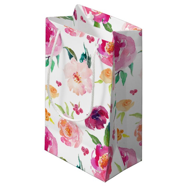 Petit Sac Cadeau Sac-cadeau Motif aux pivoines d'aquarelle rose et  (Devant Angle)