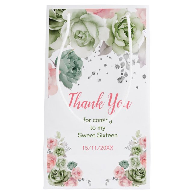 Petit Sac Cadeau Sage Green and Pink Floral Sweet Sixteen (Devant)