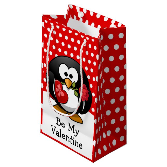 Petit Sac Cadeau Saint Valentin Penguin au chocolat et Rose (Devant Angle)