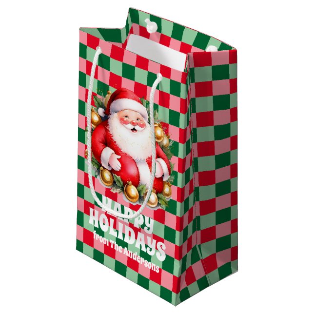 Petit Sac Cadeau Santa Claus Tartan Rétro Noël Plaid (Devant Angle)