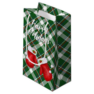 Petit Sac Cadeau Santas Mittens Sur Motif Rouge Vert Plaid 
