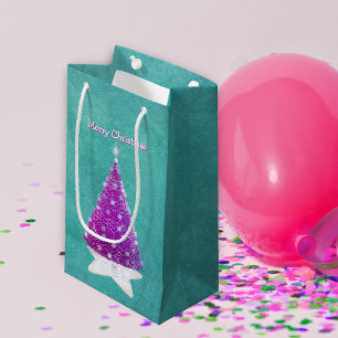 Petit Sac Cadeau Sapin de Noël rose scintillant Ornements argentés