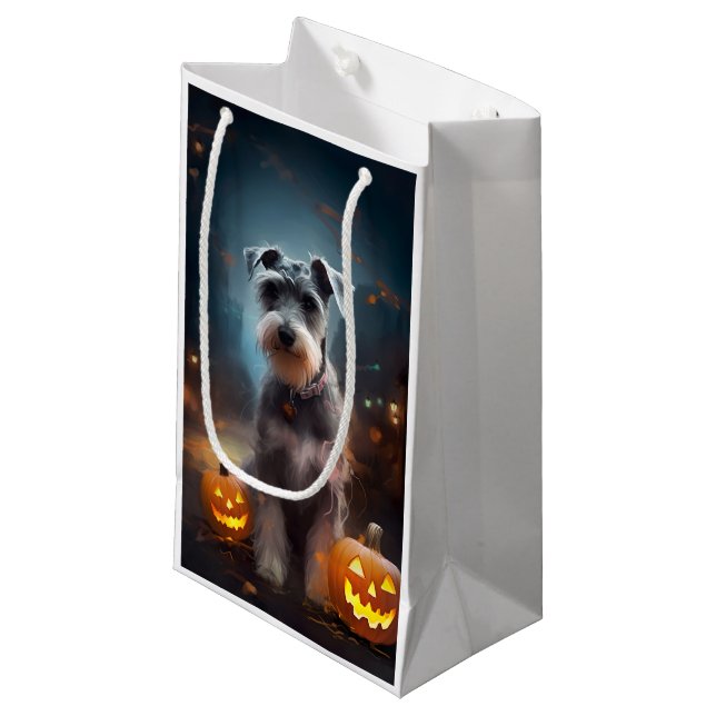 Petit Sac Cadeau Schnauzer d'Halloween avec la peur Citrouille (Devant Angle)