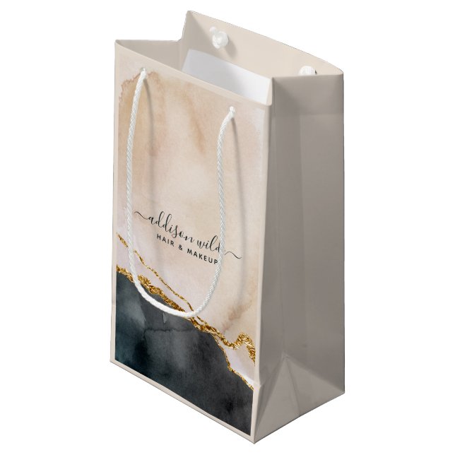 Petit Sac Cadeau Script Aquarelle rose Noir Marque Or (Devant Angle)