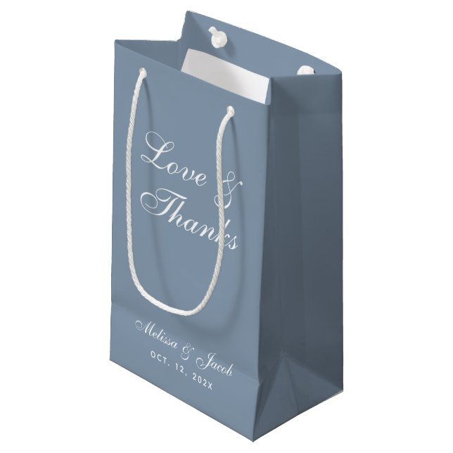 Petit Sac Cadeau Script simple Dusty Blue Mariage Love & Thanks (Devant Angle)