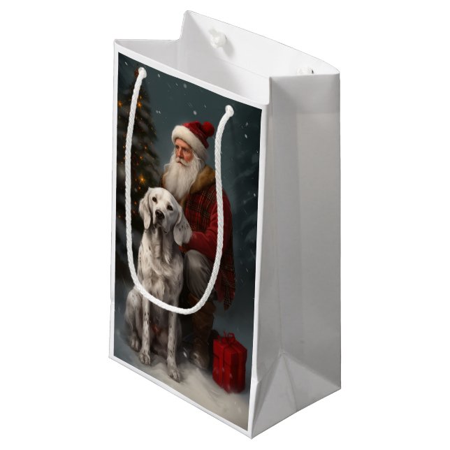 Petit Sac Cadeau Setter anglais avec Noël Festif du Père Noël (Devant Angle)