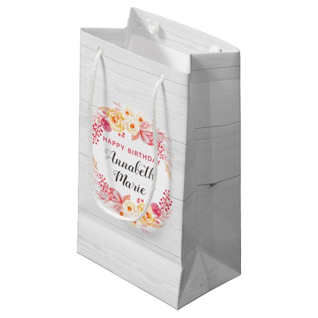 Petit Sac Cadeau Shabby Chic Rustic Floral Roses Joyeux Anniversair (Devant Angle)