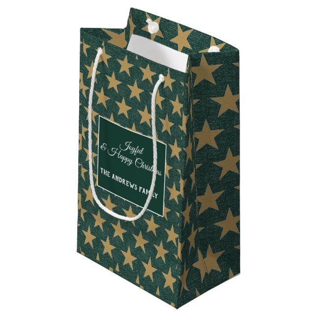 Petit Sac Cadeau Simple Emerald Green & Star Gold Christmas (Devant Angle)