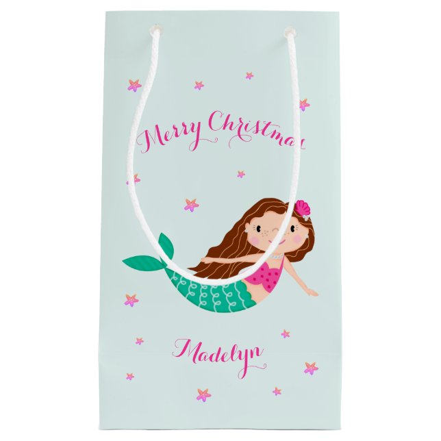 Petit Sac Cadeau Sirène Noël rose Turquoise personnalisé (Devant)