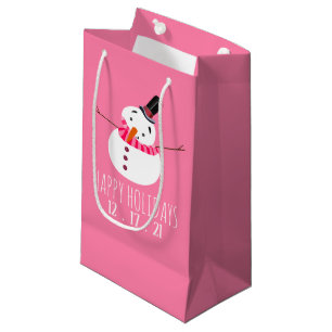 Petit Sac Cadeau Snowman rose, Joyeuses Fêtes