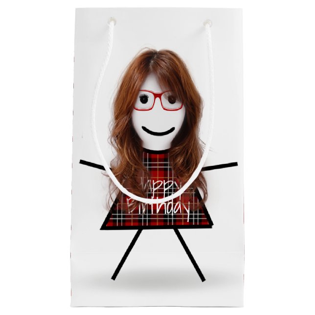 Petit Sac Cadeau Stick fille d'anniversaire avec robe plaid (Devant)