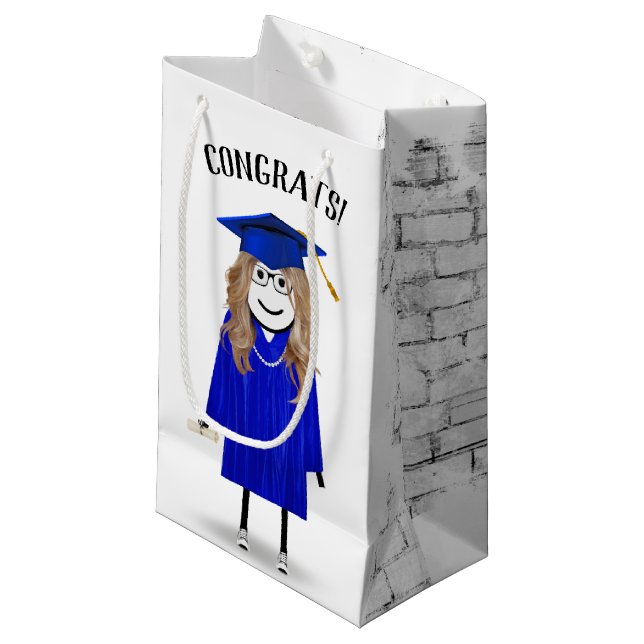 Petit Sac Cadeau Stick Girl Graduate avec Casquette bleu et diplôme (Devant Angle)