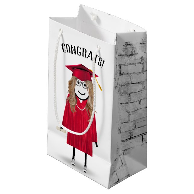 Petit Sac Cadeau Stick Girl Graduate avec Casquette rouge et diplôm (Devant Angle)