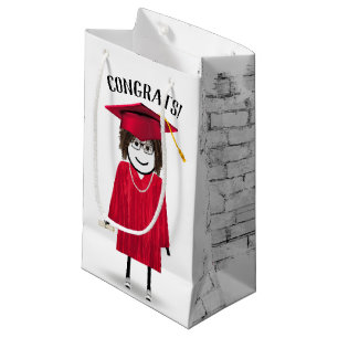 Petit Sac Cadeau Stick Girl Graduate avec Casquette rouge et diplôm