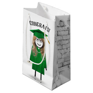 Petit Sac Cadeau Stick Girl Graduate avec Casquette vert et diplôme