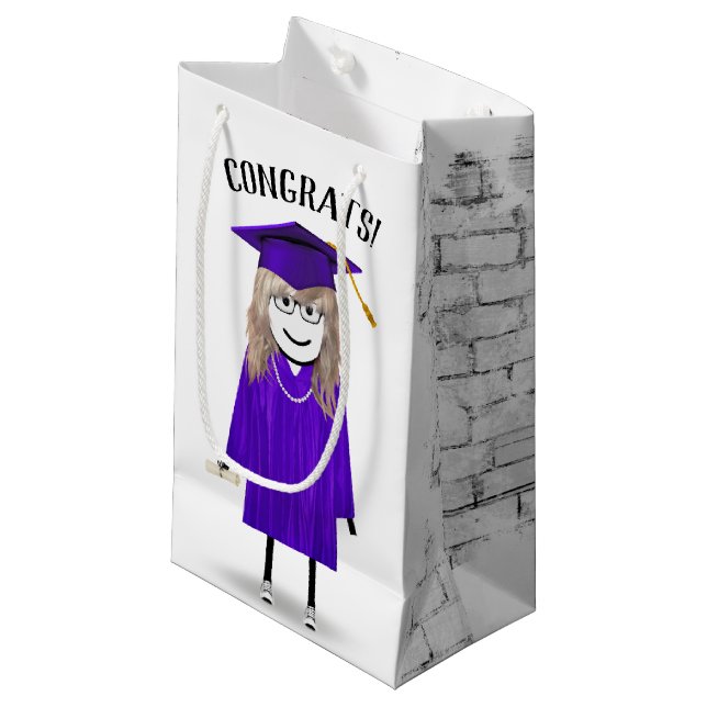 Petit Sac Cadeau Stick Girl Graduate avec Casquette violet et diplô (Devant Angle)