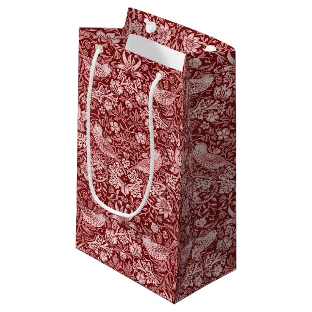 Petit Sac Cadeau Strawberry Thief Maroon, William Morris (Devant Angle)