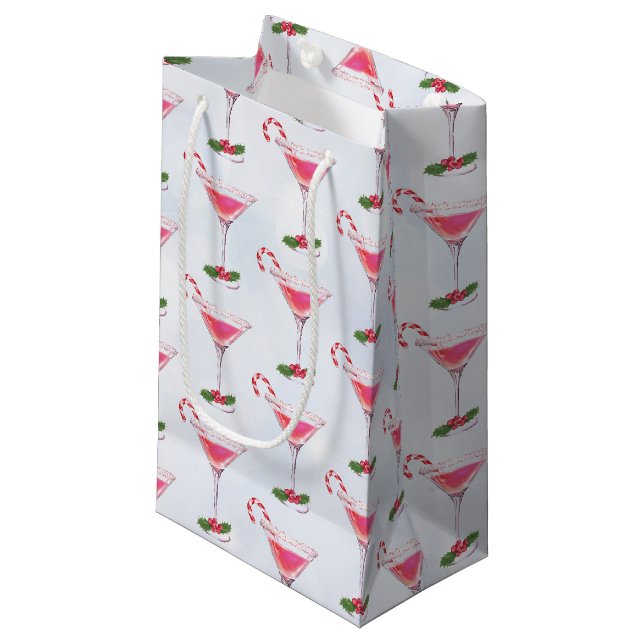 Petit Sac Cadeau Sucres de canne et cocktails Motif Noël (Devant Angle)