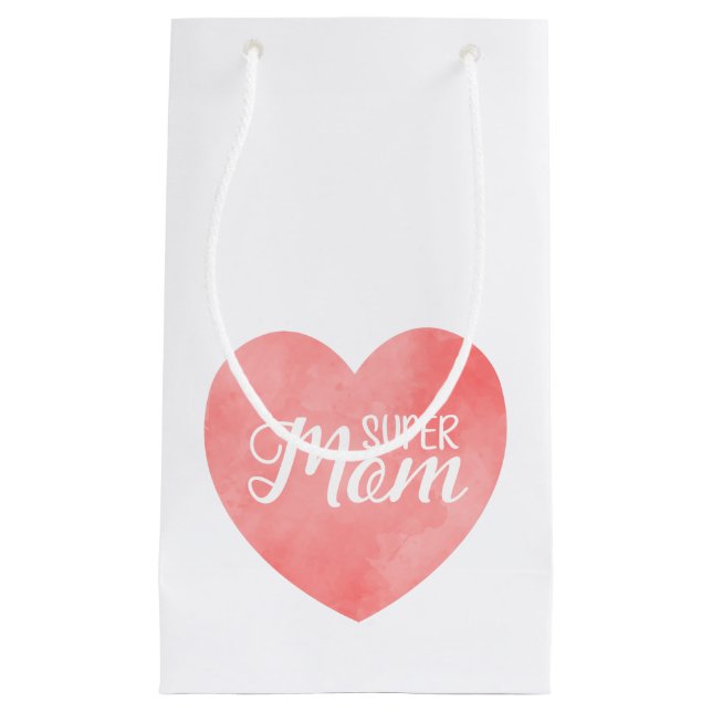 Petit Sac Cadeau Super Maman texte dans le coeur rose peint (Devant)