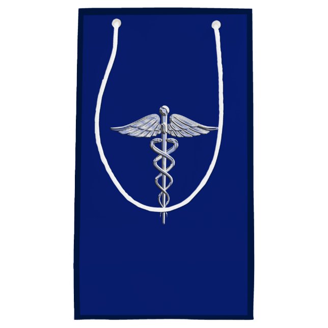 Petit Sac Cadeau Symbole Médicale de Chrome comme Caduceus sur Navy (Devant)