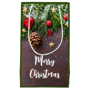 Petit Sac Cadeau Table de Noël rustique avec pin et neige