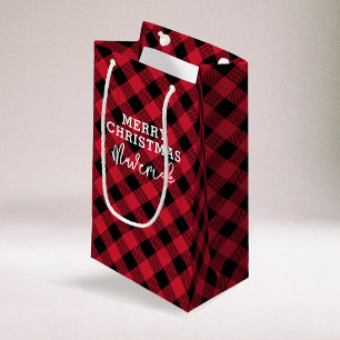 Petit Sac Cadeau Tartan rouge patiné Nom Noël