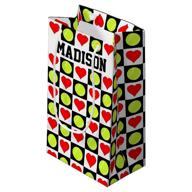 Petit Sac Cadeau Tennis Balls & Hearts Joueur personnalisé ou nom d (Devant Angle)