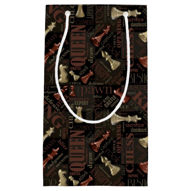 Petit Sac Cadeau Termes et pièces d'échecs Cuivre et Or ID784 (Devant)