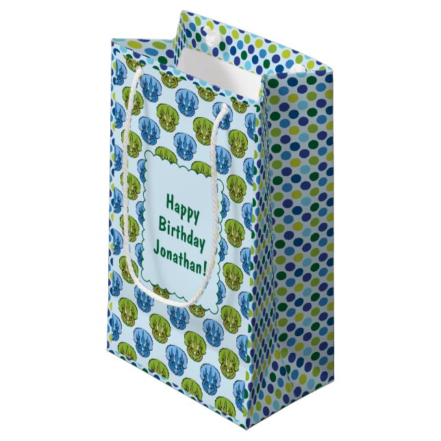 Petit Sac Cadeau Tricératops Bleu et Vert Cute Dinosaur Motif (Devant Angle)