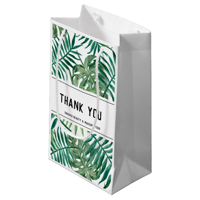 Petit Sac Cadeau Tropical Palm Feuille Merci Beauté Salon Blanc (Devant Angle)