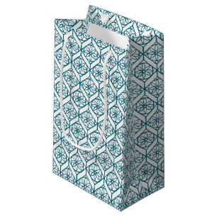 Petit Sac Cadeau Turquoise sur Motif ethnique blanc, Fleurs, Chevro