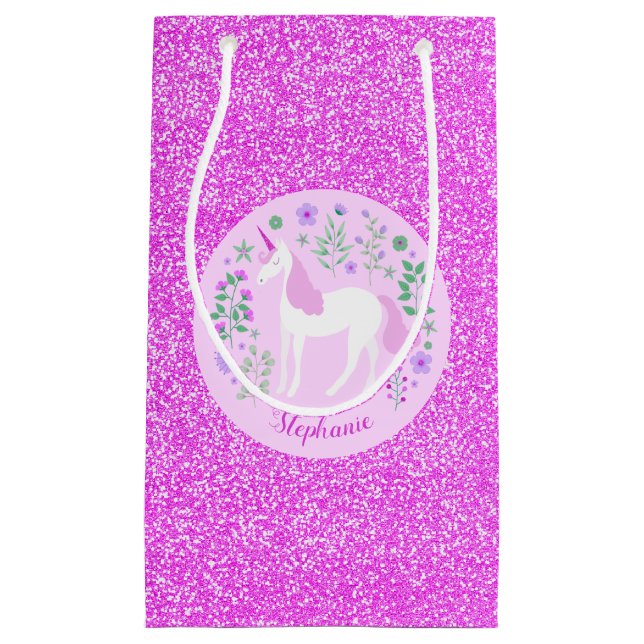 Petit Sac Cadeau Unicorn Parties scintillant rose Nom personnalisé (Devant)