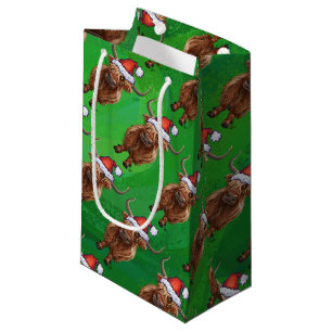 Petit Sac Cadeau Vache Highland à Santa Hat Motif sur vert
