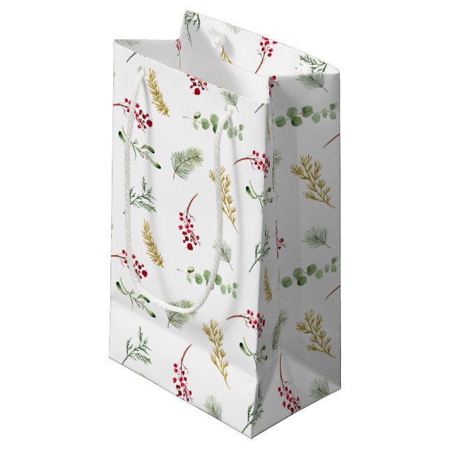 Petit Sac Cadeau Végétation hiver or simple Aquarelle Noël (Devant Angle)