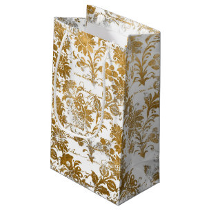 Petit Sac Cadeau Vintage Grunge Blanc Or Damask Motif Floral