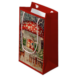 Petit Sac Cadeau Vintage Père Noël Gnome en vacances en champignon