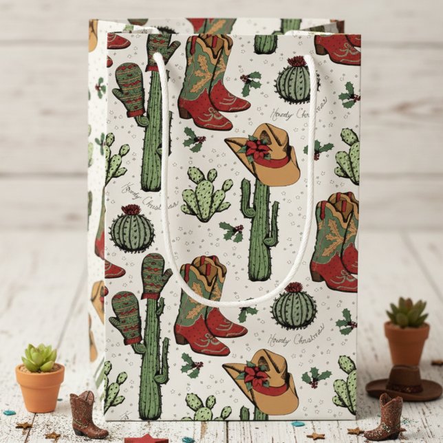 Petit Sac Cadeau Western Cowboy Noël rouge et vert (Country Western Cowgirl Howdy Christmas Gift Bags. Rustic Rodeo Xmas Cowboy Boots & Cacti Pattern)