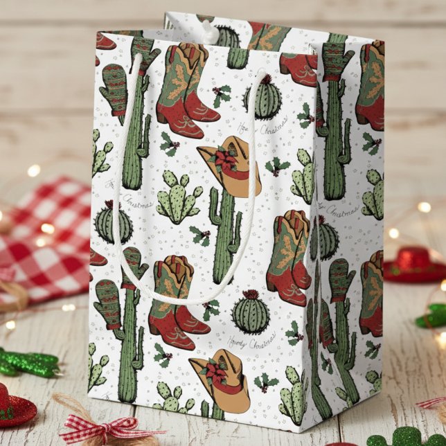 Petit Sac Cadeau Western Cowboy Noël rouge et vert (Western Cowgirl Howdy Christmas Gift Bags for Her. Elegant Xmas Cowboy Boots, Cacti, Holly Berries)