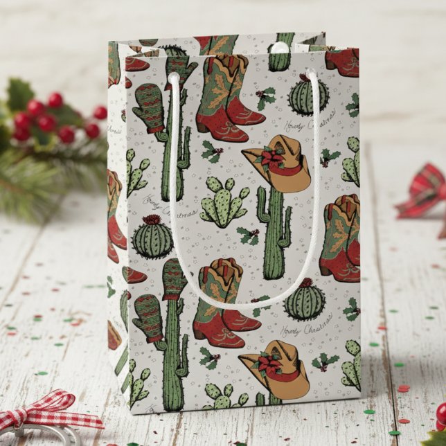 Petit Sac Cadeau Western Cowboy Noël rouge et vert (Country Western Cowgirl Howdy Christmas Gift Bags. Rustic Rodeo Xmas Cowboy Boots & Cacti Pattern)
