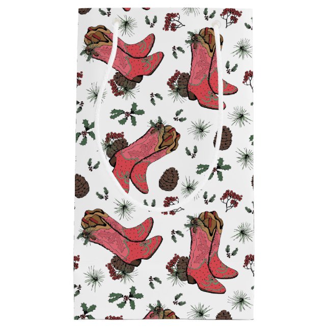 Petit Sac Cadeau Western Cowgirl Noël rose et vert (Devant)