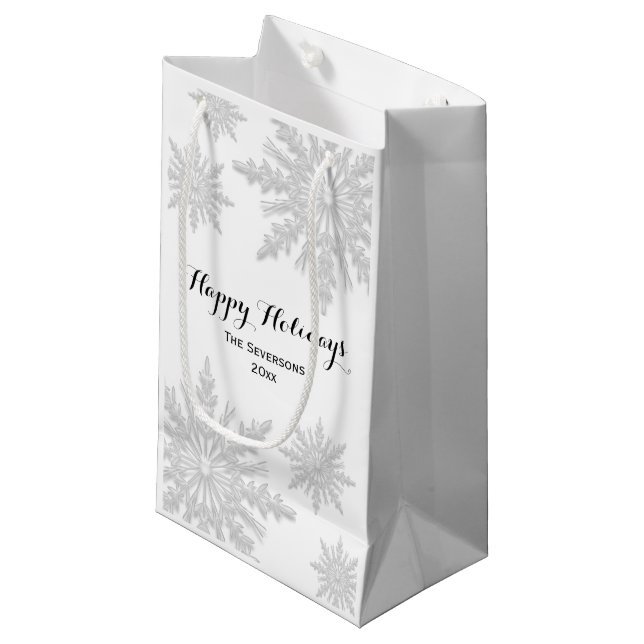 Petit Sac Cadeau White Winter Snowflakes Happy Holidays (Devant Angle)