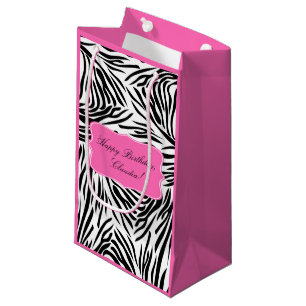 Petit Sac Cadeau Zèbre noir et blanc Imprimer avec rose chaud Anniv