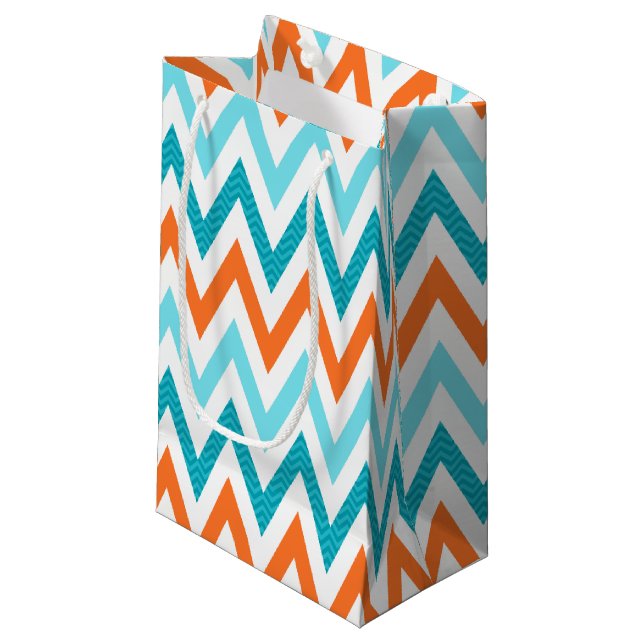 Petit Sac Cadeau ZigZag Chevron Orange Aqua Motif bleu moderne (Devant Angle)