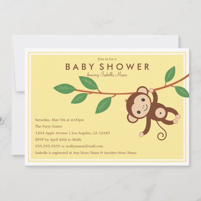 Petit singe - invitation de baby shower du jaune | (Devant)