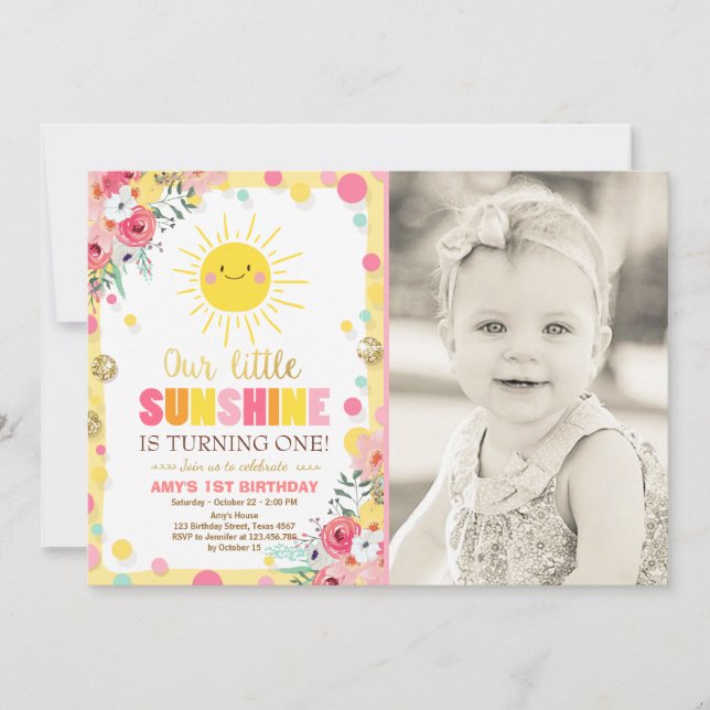 Petit soleil Invitation Anniversaire Pink Floral (Devant)