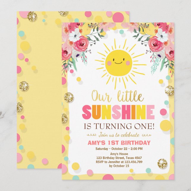 Petit soleil Invitation Anniversaire Pink Floral (Devant / Derrière)