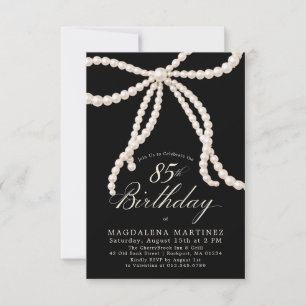 PETITE 85th Birthday Black White Pearl Bow Invitation