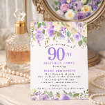 PETITE 90th Birthday Party Purple Rose Floral Invitation<br><div class="desc">Honour a special woman with this elegant and feminine 90th Birthday party petite invitation. 90th is written in large purple text. Birthday celebration follows. The honoured guest's name is also in blue capital letters. The remainder of the text is soft dove grey. The birthday celebration details are surrounded top and...</div>