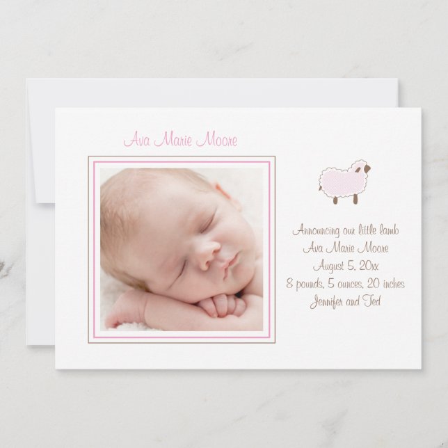 Petite agneau rose Faire-part de naissance (Devant)